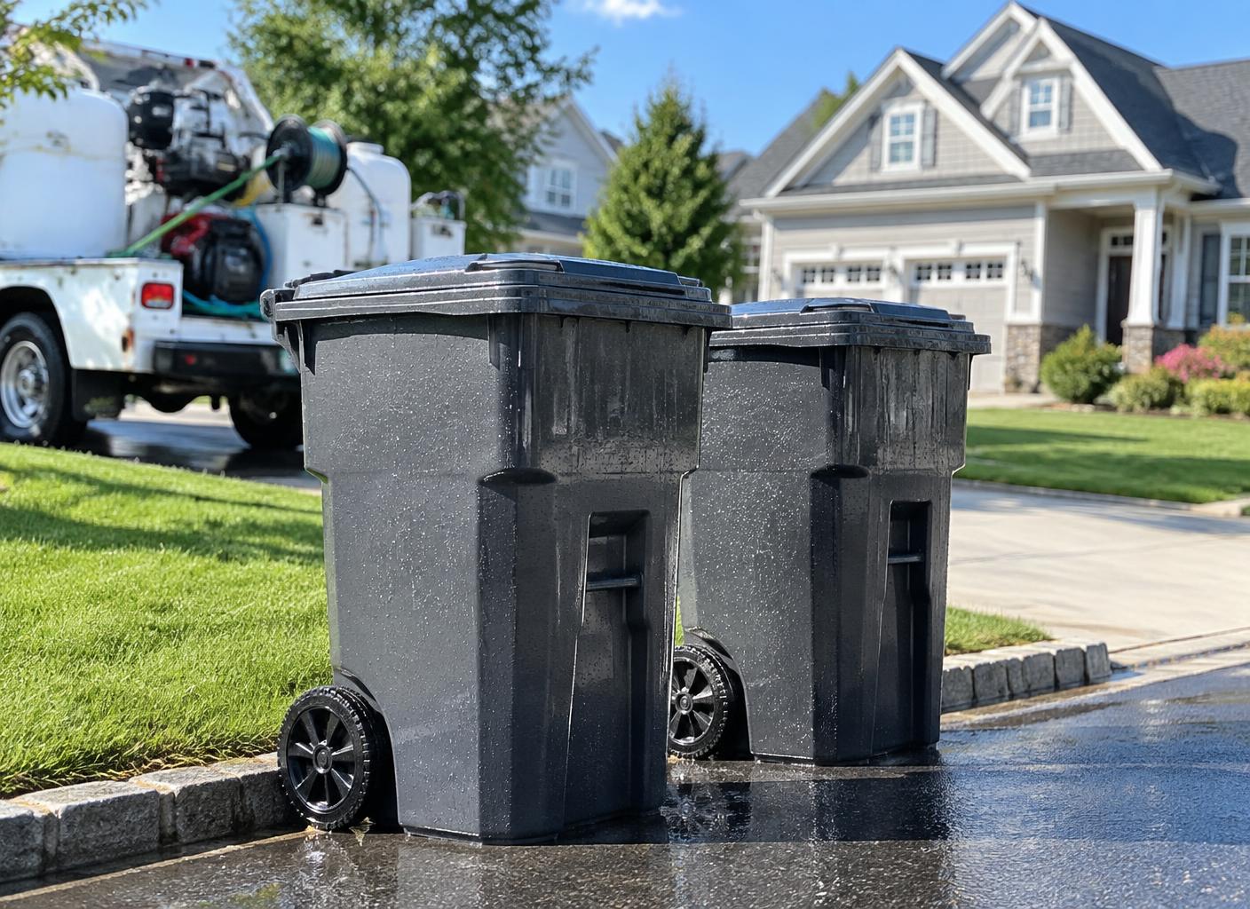 Freshly cleaned trash bins at the curb in front of a Sussex County, NJ home